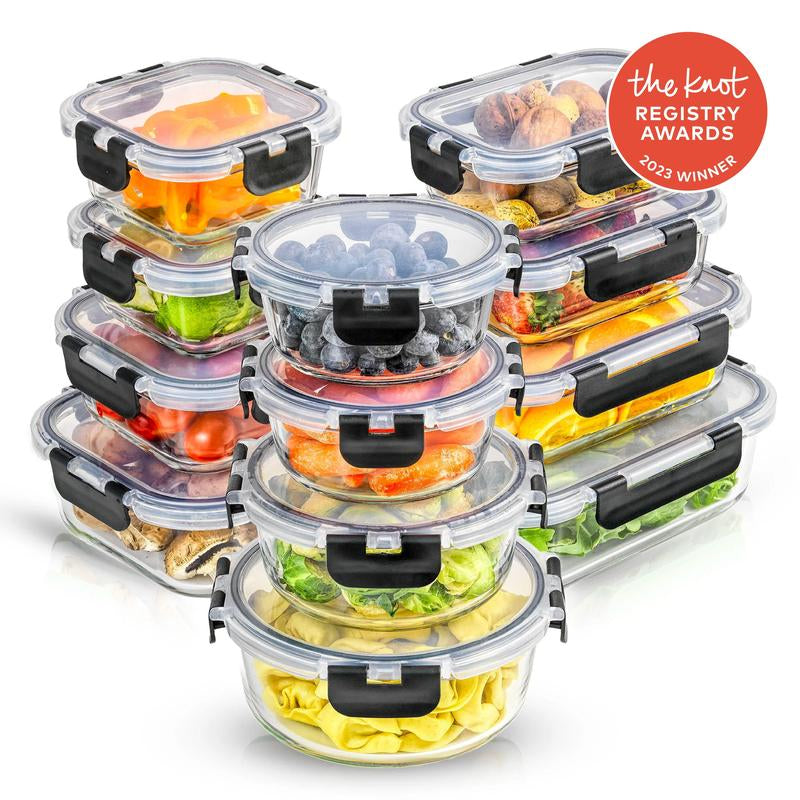 Joyjolt Joyful 24Pc (12 Airtight, Freezer Safe Food Storage Containers and 12 Lids), Pantry Kitchen Storage Containers, Glass Meal Prep Container for Lunch, Glass Storage Containers with Lids