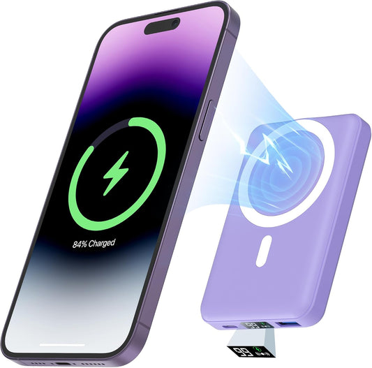 for Magsafe Battery Pack, 10000Mah Magnetic Power Bank with Type-C Cable LED Display 22.5W PD Fast Charging Wireless Portable Charger for Iphone 16/15/14/13/12 Series-Purple